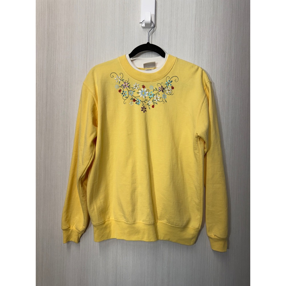 Top Stitch by Morning Sun Yellow Floral Ladybug Embroidered Sweatshirt Medium